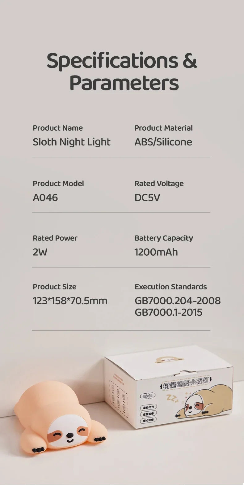 Sloth Night Light – Soft Silicone Touch Lamp