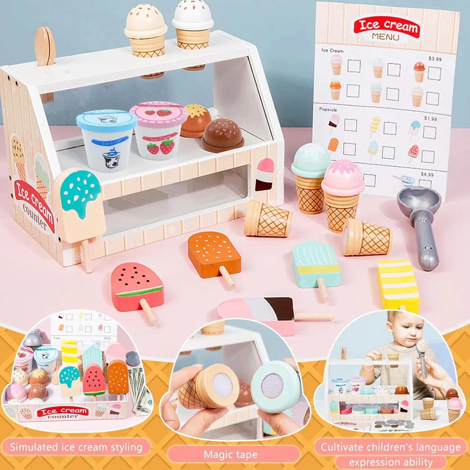 Montessori Ice Cream Playset with Coins for Kids
